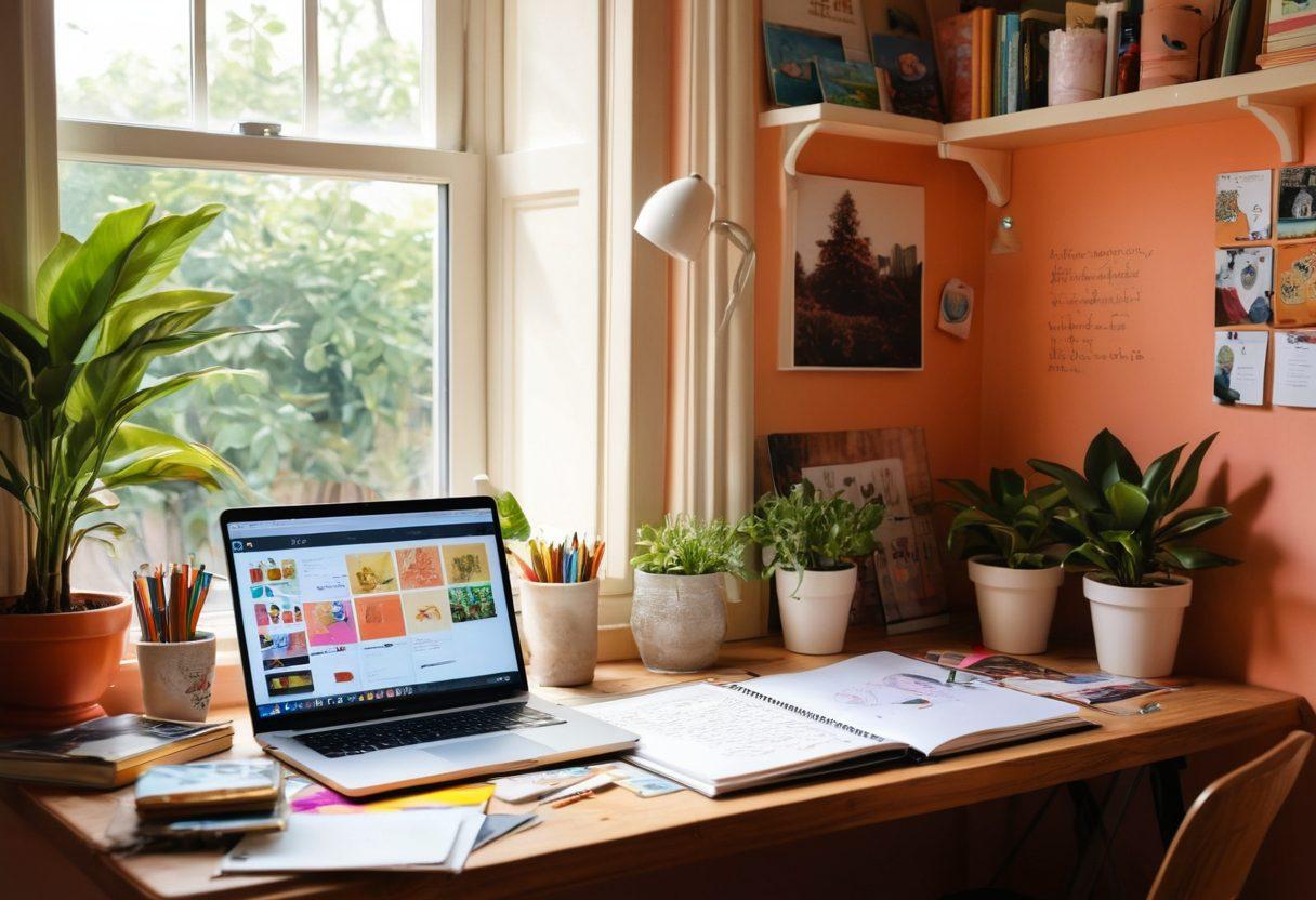 A beautifully designed workspace featuring an open laptop with a digital diary on the screen, surrounded by colorful stationery, art supplies, and inspiration boards filled with quotes and images. Soft, natural light filters through a window, casting a warm glow on the scene, inviting viewers to unleash their creativity. The background includes a cozy nook with plants and books, emphasizing personal expression and inspiration. vibrant colors. super-realistic.