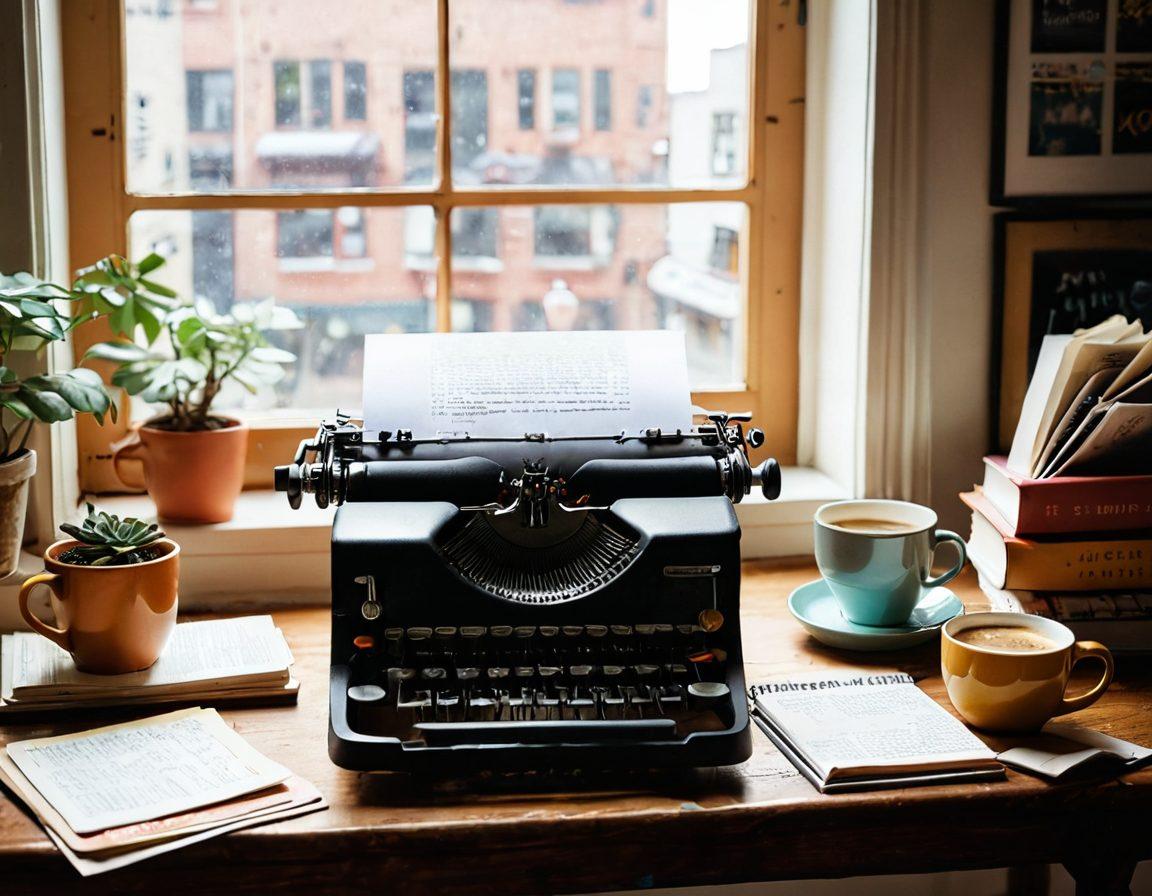 A cozy, inviting workspace featuring a vintage typewriter surrounded by colorful notebooks and a laptop, with a warm cup of coffee steaming beside it. The wall behind is adorned with inspiring quotes and a vision board filled with storytelling elements like books, maps, and illustrations. Soft, natural light filters through a window, accentuating the creative atmosphere. In the foreground, a hand is poised over the typewriter, ready to craft a story. warm colors. cozy aesthetic. 3D.