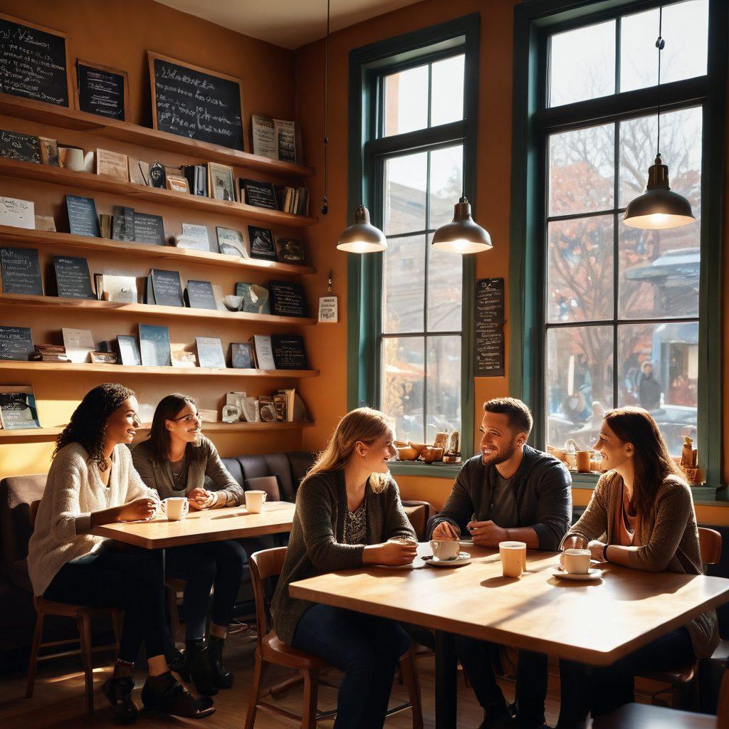 A diverse group of people sitting together in a cozy coffee shop, animatedly discussing their ideas and sharing stories. In the background, shelves filled with books and a chalkboard with inspiring quotes. Sunlight pouring through large windows, creating a warm and inviting atmosphere. The scene should convey a sense of community and inspiration. vibrant colors. cozy ambiance. 3D.